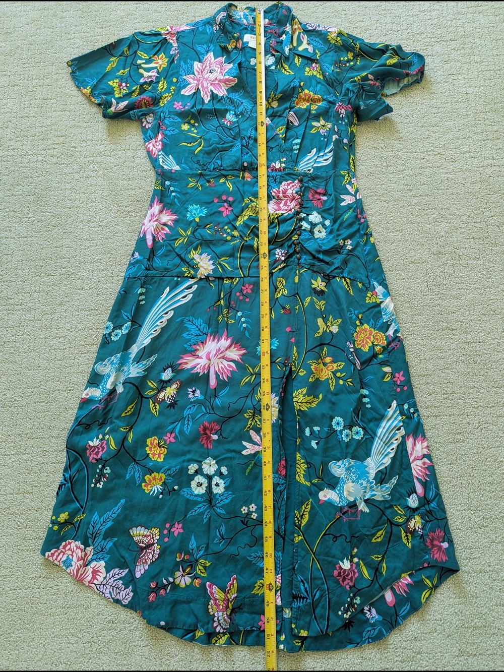 Maeve Anthropologie Button Front Shirt Dress 14 Green Floral Bird V-neck Slit - Picture 14 of 15